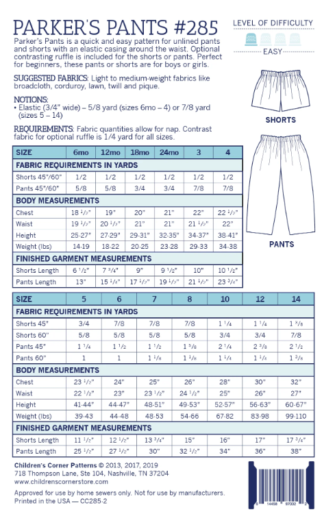 Parker's Pants "Children's Corner Pattern"