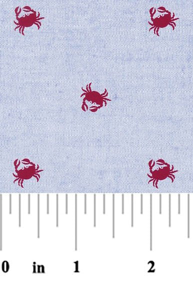Crab Print Fabric – Red Crabs on Blue Chambray – #2108 60"wide