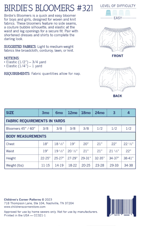 Birdies Bloomers "Children's Corner Pattern"