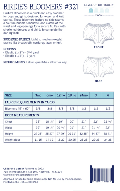 Birdies Bloomers "Children's Corner Pattern"