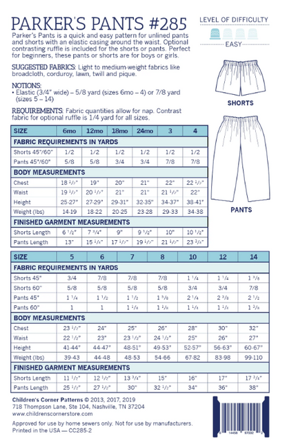 Parker's Pants "Children's Corner Pattern"